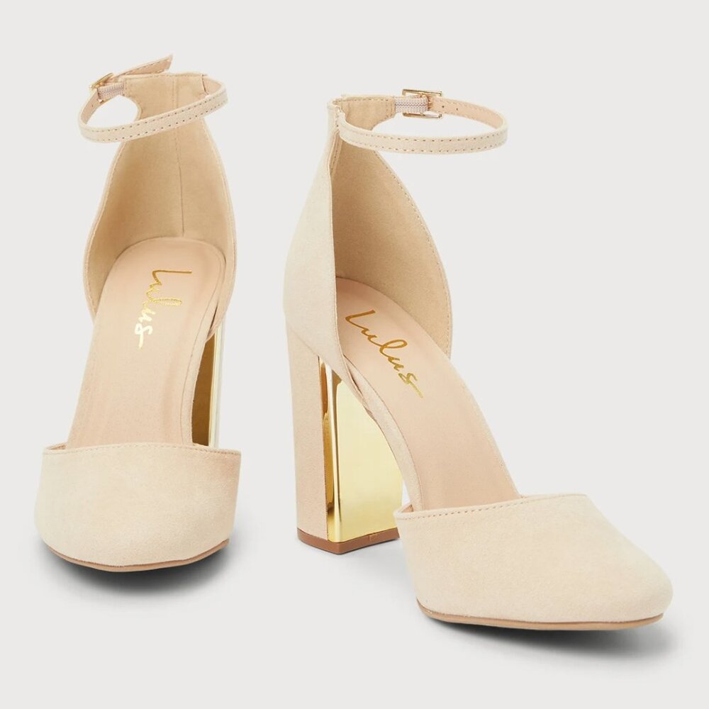Nude Suede Ankle Strap Heel With Gold Accent  - S 6.5